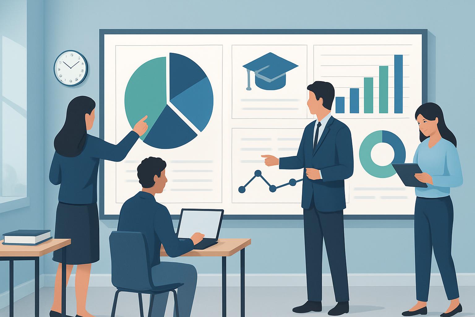 Painel digital com gráficos de indicadores escolares