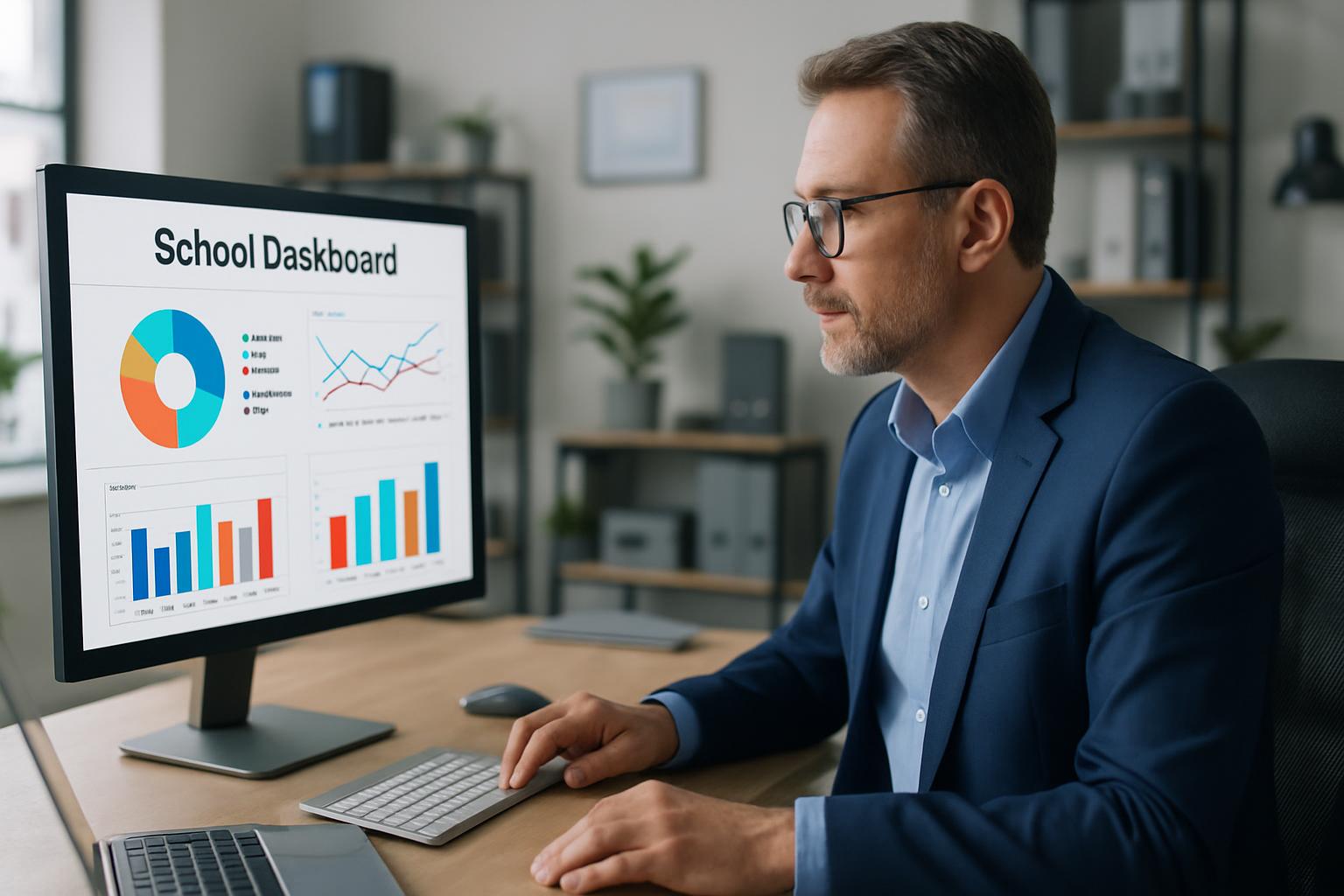 Gestor escolar analisando gráficos de indicadores escolares em dashboard digital moderno